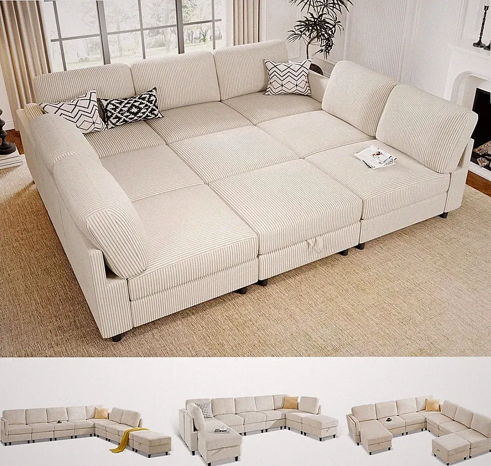 Modular Sectional Sofa Bed - Sofabed with Storage Ottoman, Convertible L/U-Shape