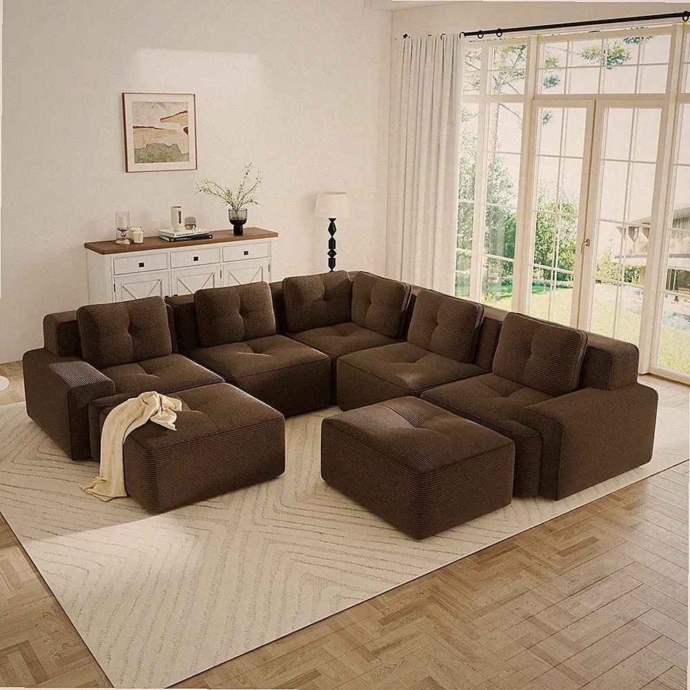 Modular Sectional Sofa Brown Corduroy Cloud Couch 5-Seat L-Shaped Modern Chaise