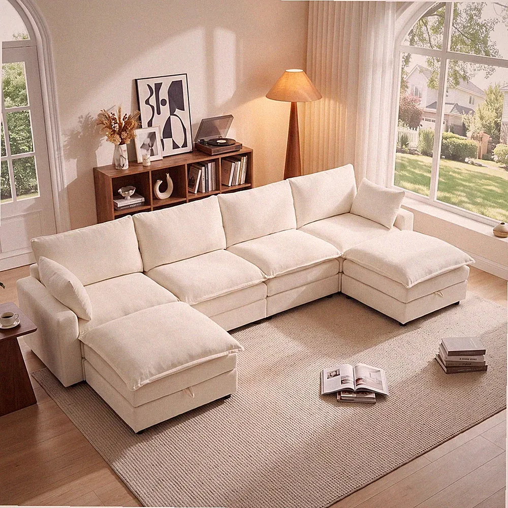 Modular Sectional Sofa, Chenille Cloud 4-seater Couch with 2 Storage Ottomans