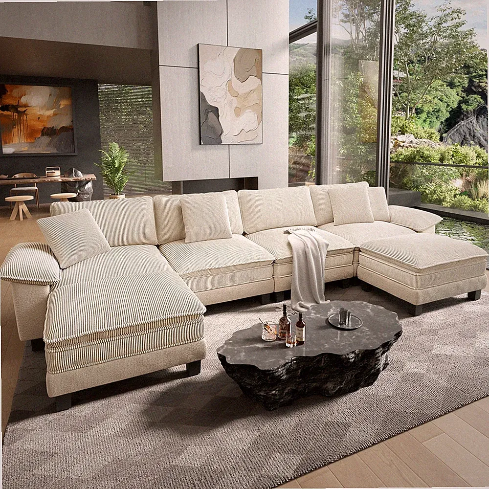 Modular Sectional Sofa Chenille & Corduroy Cloud Couch with Chaise and Cushion.