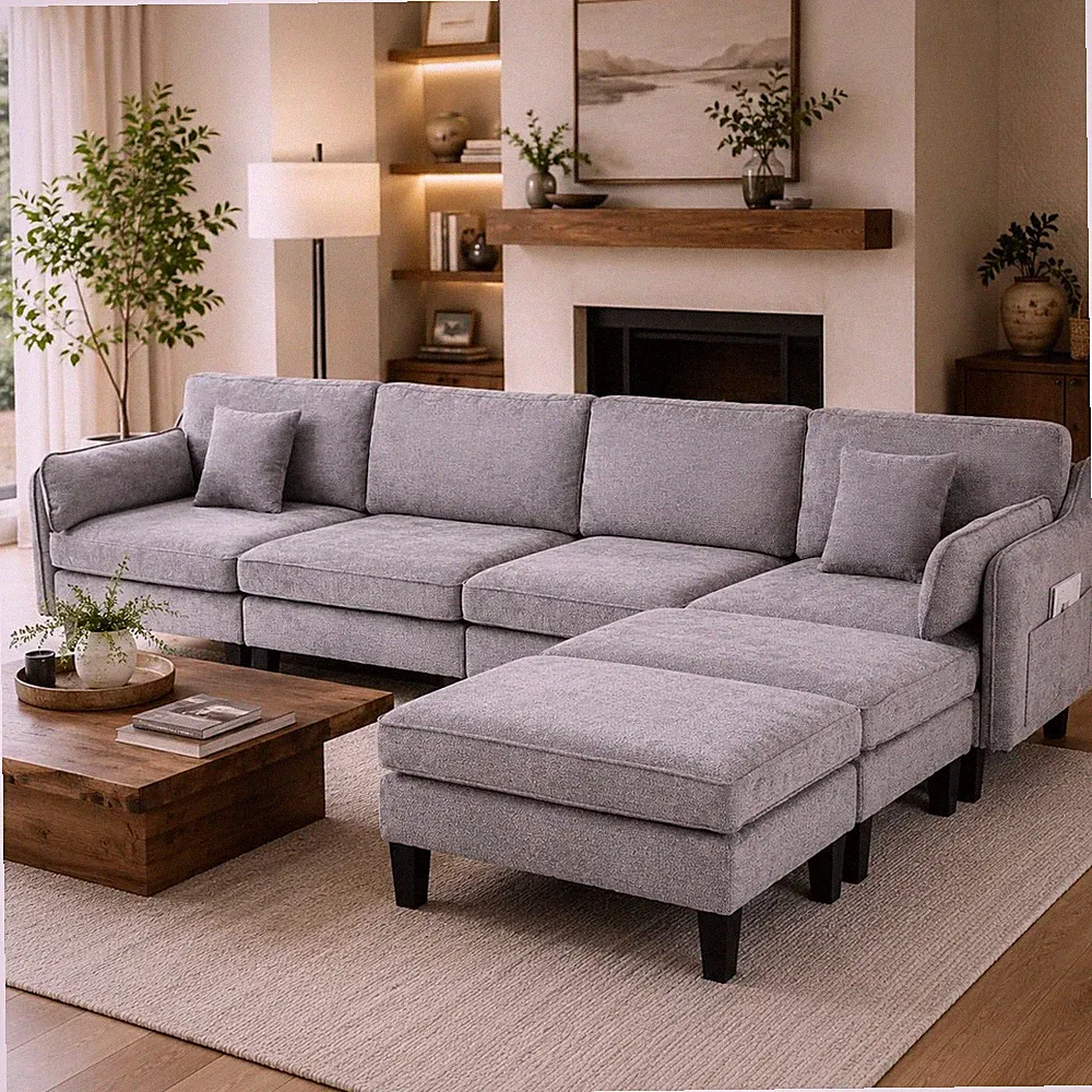 Modular Sectional Sofa, Chenille Couch with Movable Ottomans & Side Pockets