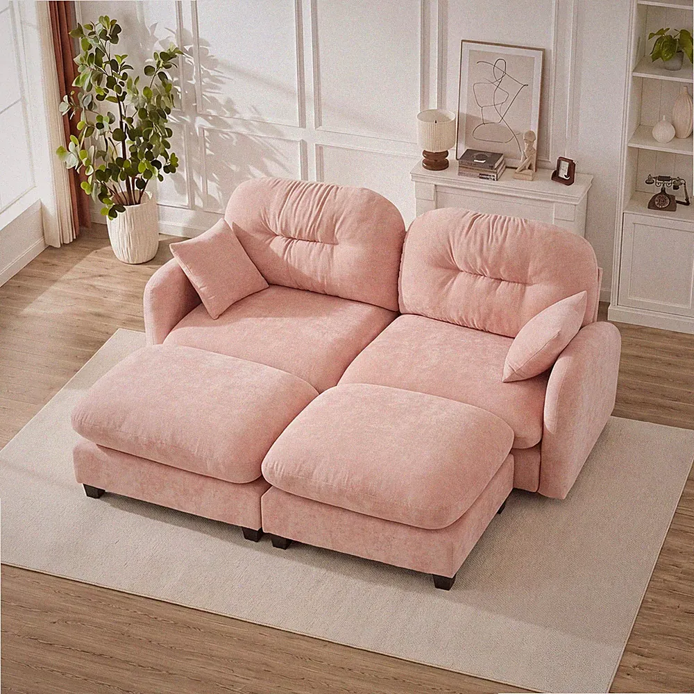 Modular Sectional Sofa Chenille Fabric Pink Quilted Pleated Design Ottoman