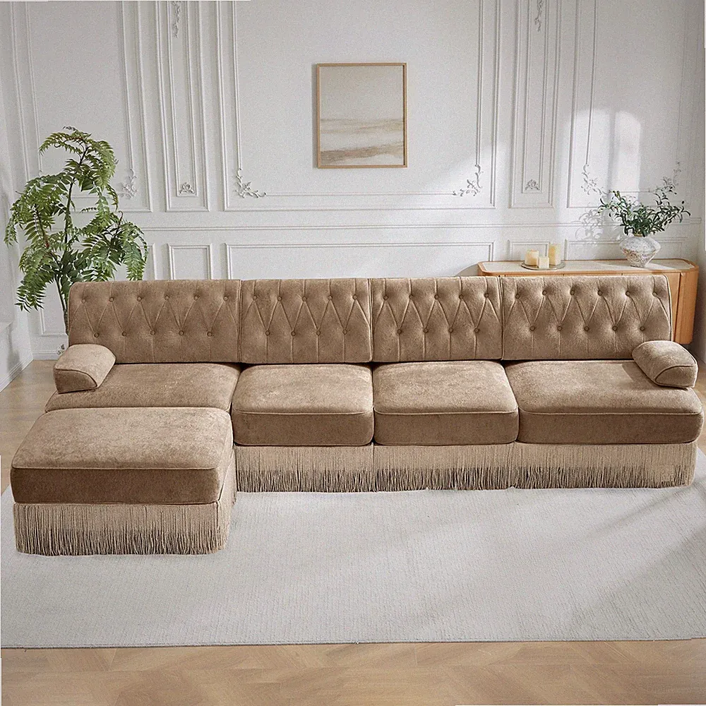 Modular Sectional Sofa, Chesterfield Velvet, 4-Seat L-Shape, Ottoman, Camel