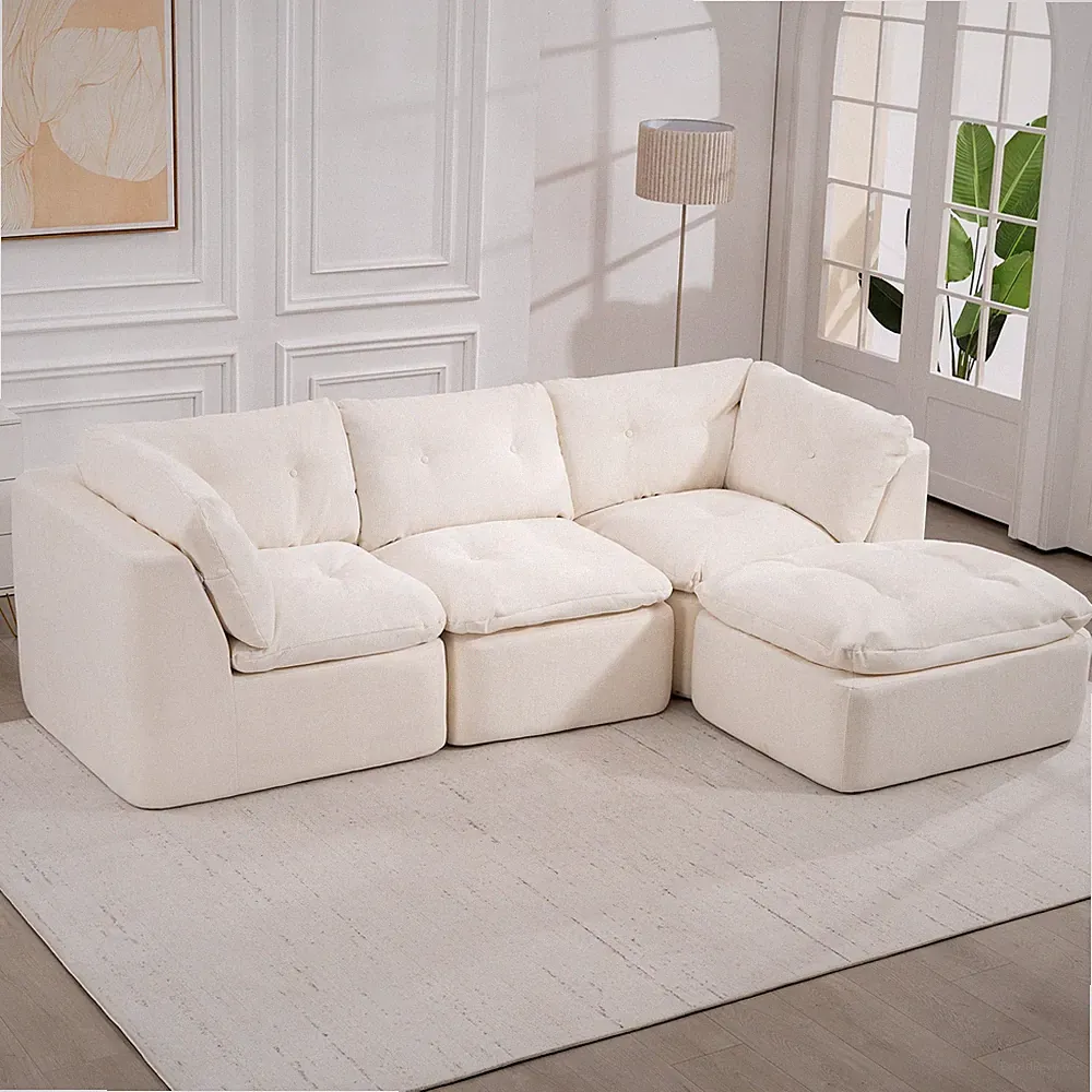 Modular Sectional Sofa Cloud L-Shaped 4-Seater Chenille Fabric Beige