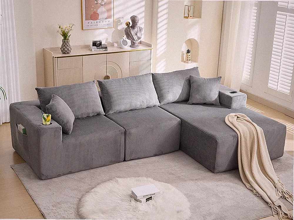 107" L-Shaped Modular Sofa, Cream Upholstered Cloud Couch, No Assembly Needed