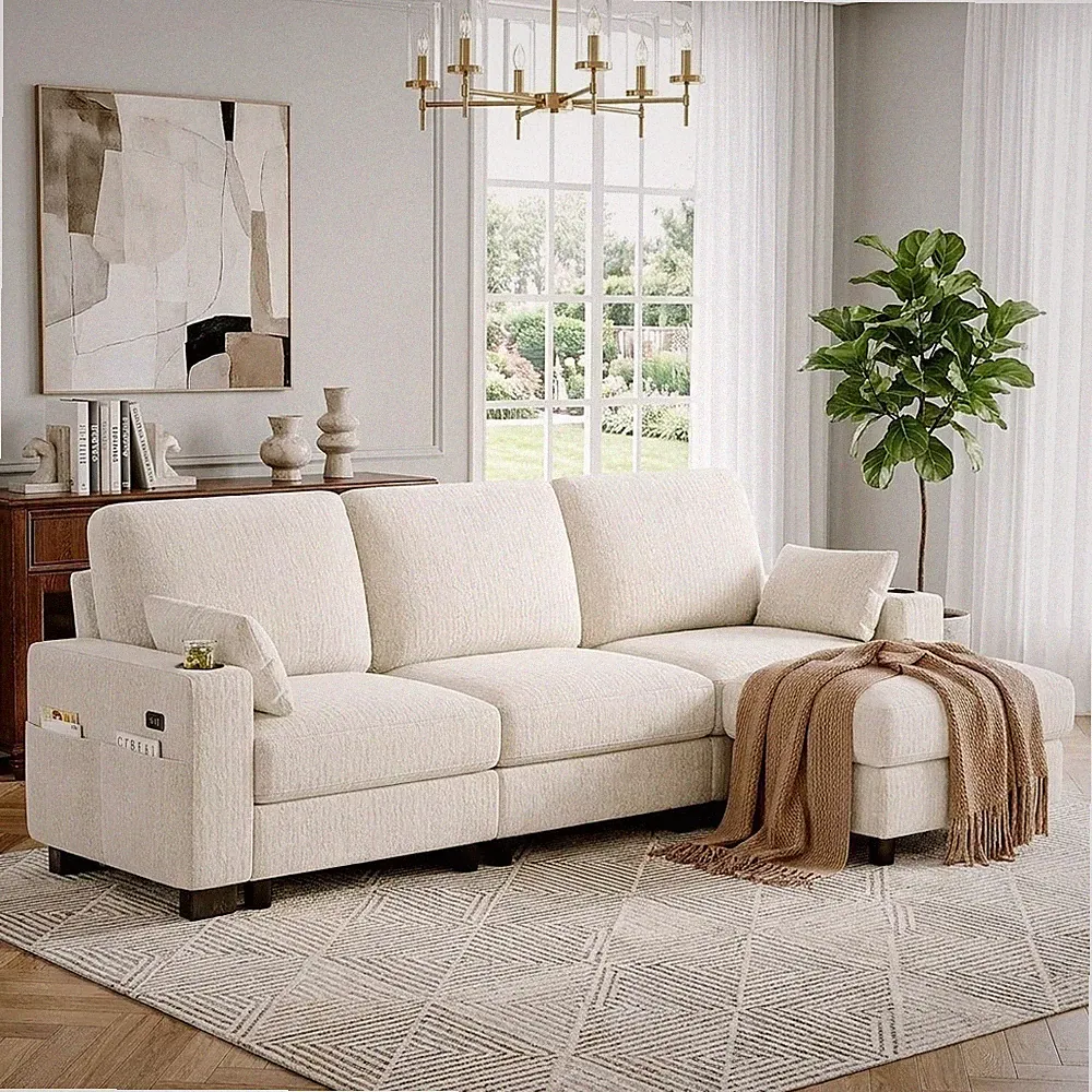 Modular Sectional Sofa, Comfy Chenille Couch, Moveable Ottoman, Armrest Pillows