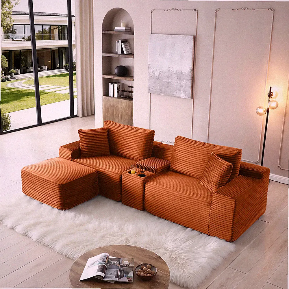 Modular Sectional Sofa Corduroy Cloud Couch with Cup Holders Storage Orange