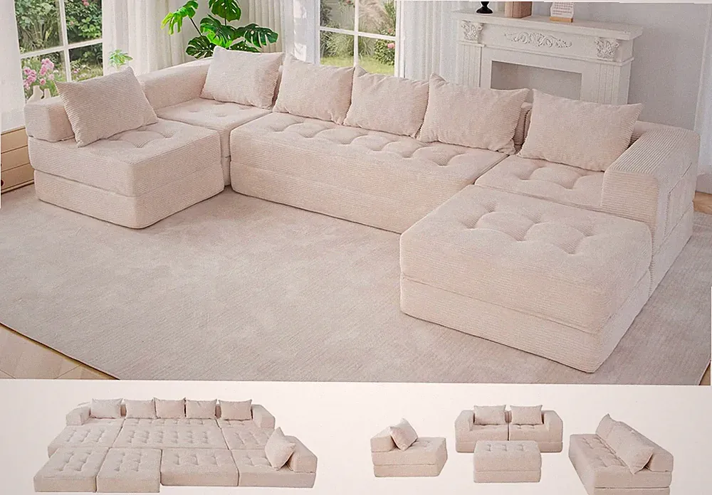 Modular Sectional Sofa Couch, Foldable U Shaped Cloud Couch with Pillows, Tufted