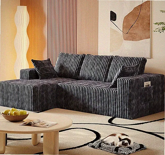 Modular Sectional Sofa Dark Gray Corduroy Flannel 94in L-Shape Chaise Ottoman