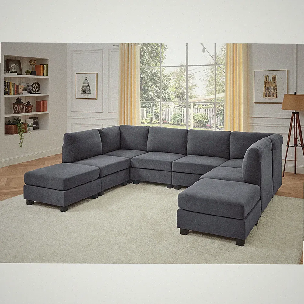 Modular Sectional Sofa, Dark Gray Polyester Upholstery, 120" L x 90" W