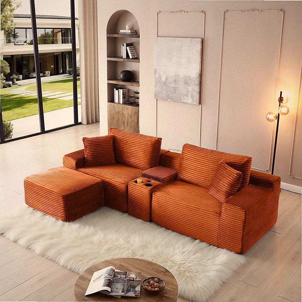 Modular Sectional Sofa, Deep Seat Corduroy Cloud Couch with Cup Holders, USB P