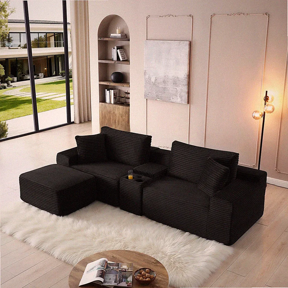Modular Sectional Sofa,Deep Seat Corduroy Cloud Couch with Cup Holders,USB Por
