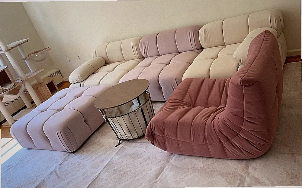 Modular Sectional Sofa, Fabric Upholstery, Solid Beige & Mauve, （5 cubes）