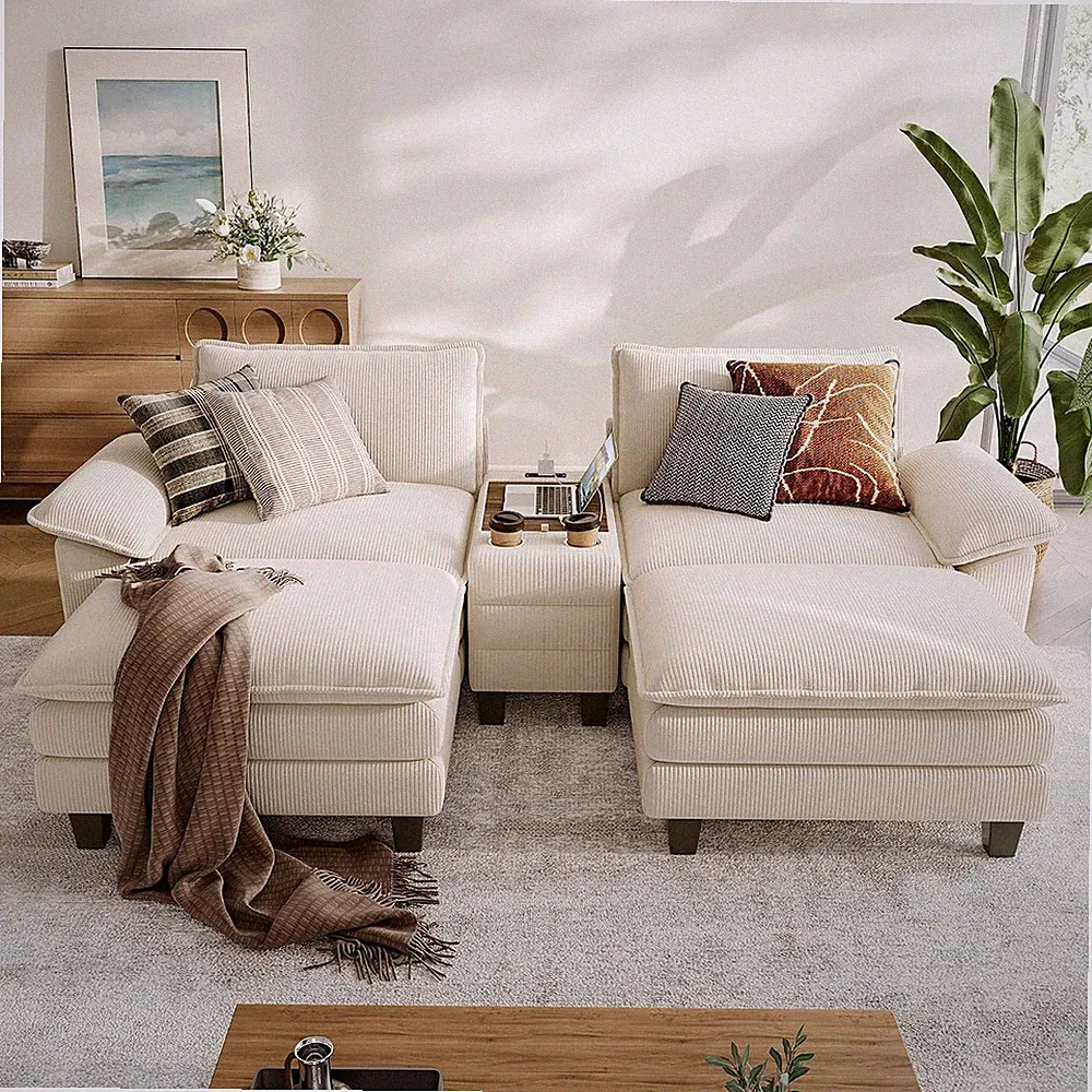 Modular Sectional Sofa for Living Room, Corduroy Cloud Couch with Storage Consol