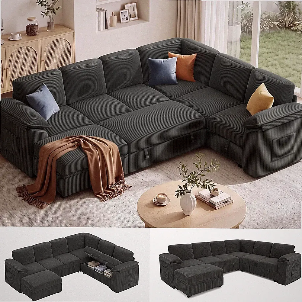 Modular Sectional Sofa for Living Room, Sleeper Couch, Black
