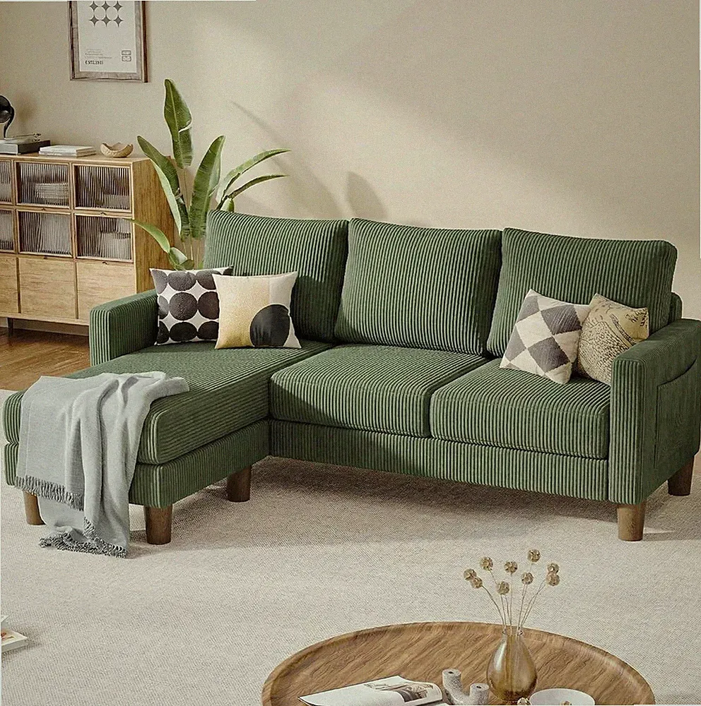 Modular Sectional Sofa Green Corduroy Removable Footrest Reversible Chaise