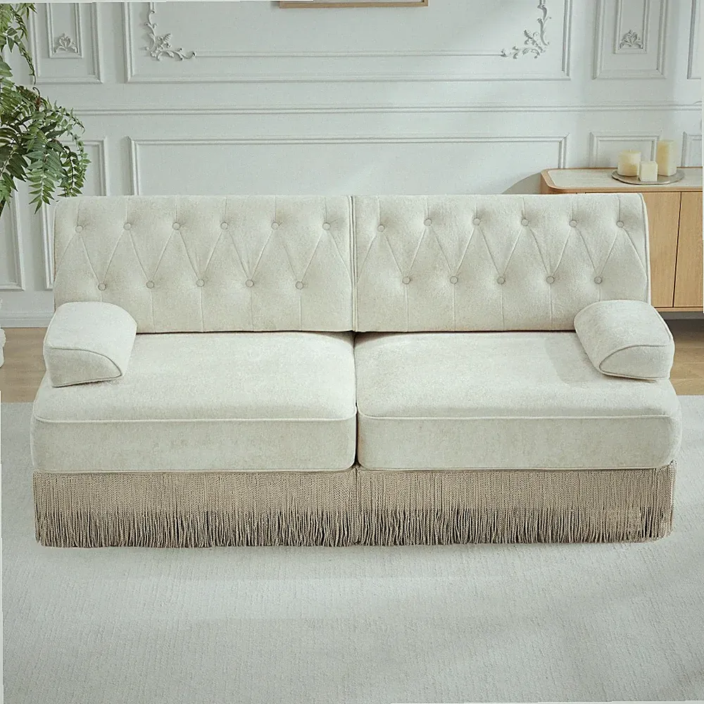 Modular Sectional Sofa in Beige Velvet, Chesterfield Style, Button Tufted