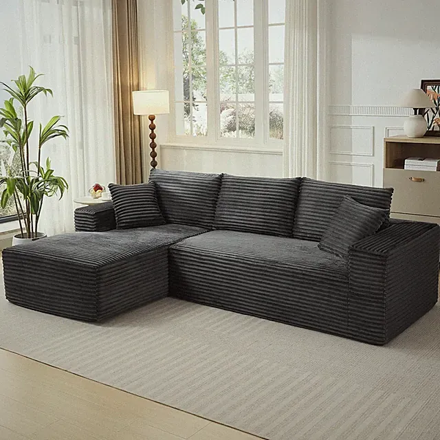 Modular Sectional Sofa, L-Shape Plush Corduroy, 108", Black/Charcoal/Beige/Olive