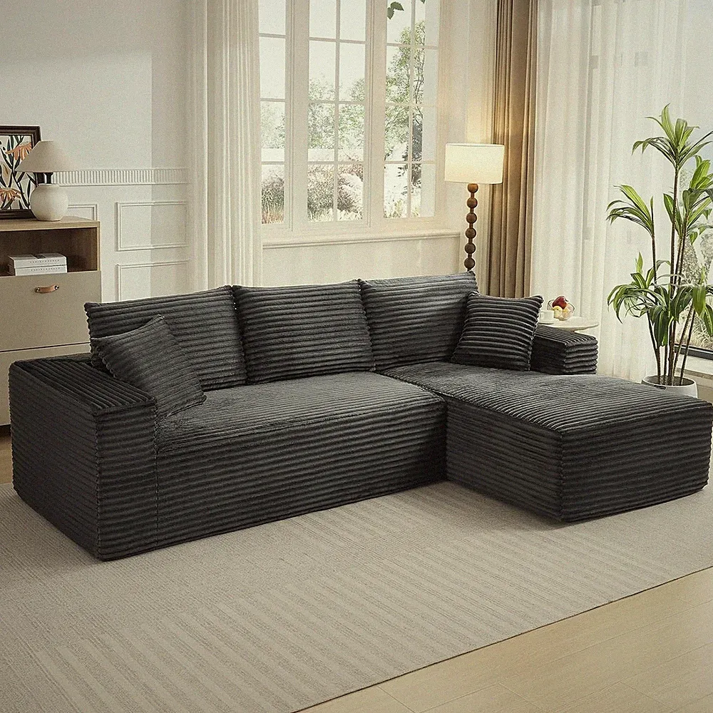 Modular Sectional Sofa, L-Shape Plush Corduroy, 108", Black/Charcoal/Beige/Olive