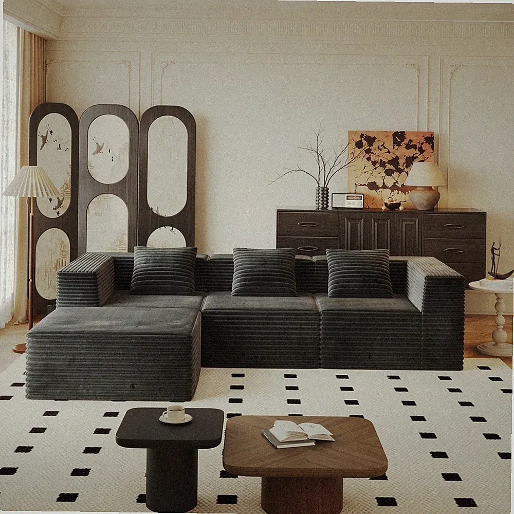 Modular Sectional Sofa L-Shaped 3 Seat + Ottoman Gray Corduroy