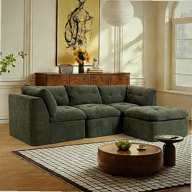 Modular Sectional Sofa L-Shaped Cloud Couch Chenille Fabric Blackish Green