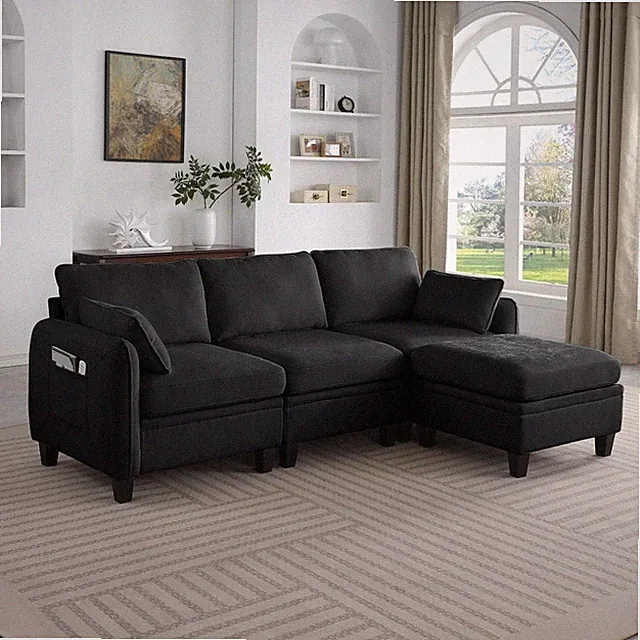 Modular Sectional Sofa, L-Shaped Cloud Couch w/ Storage Ottoman, Black Chenille
