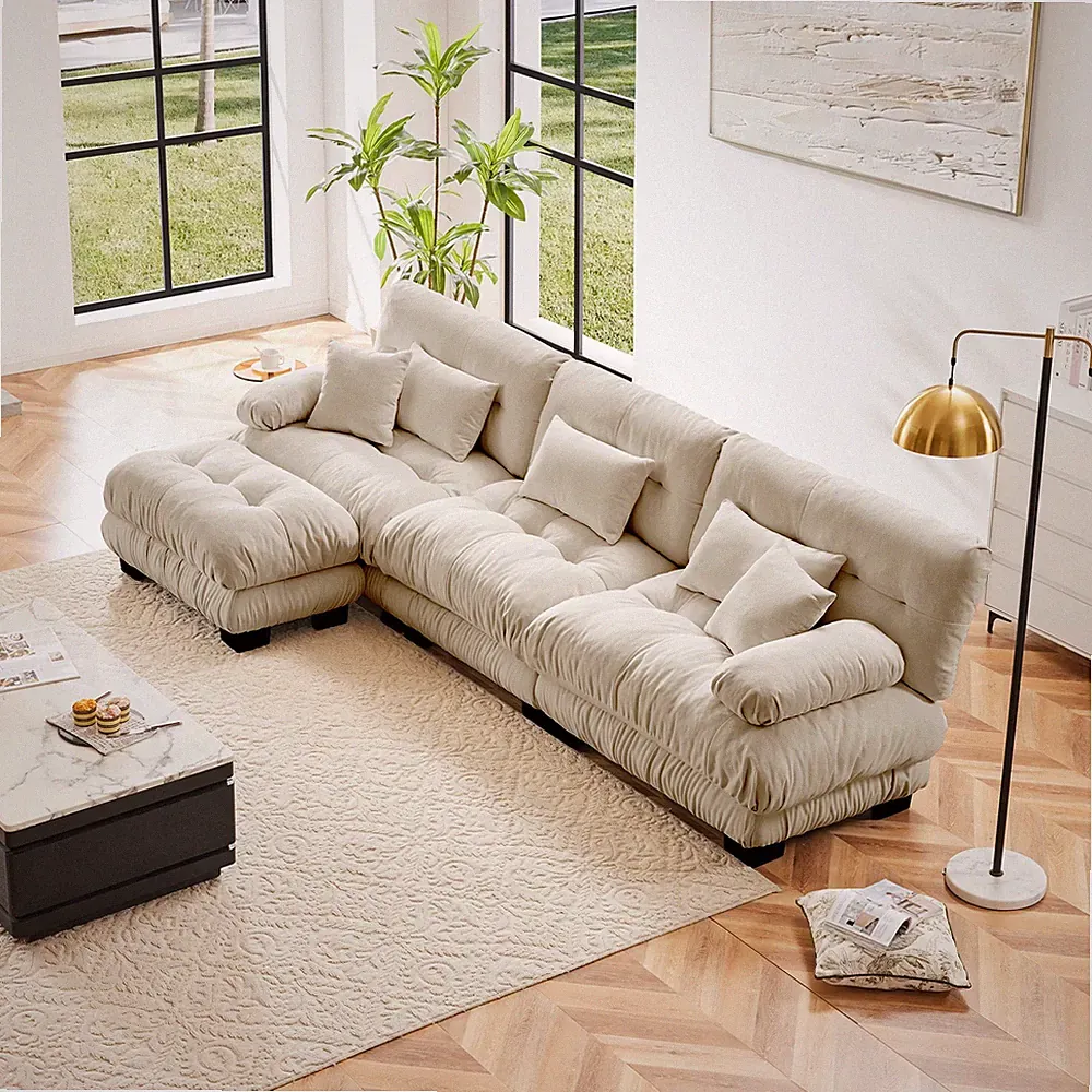 Modular Sectional Sofa, L-Shaped Cloud Couch with Ottoman, Light Brown Chenille