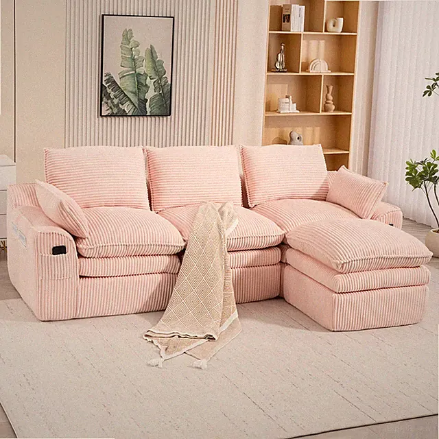 Modular Sectional Sofa L Shaped Corduroy Boneless Couches Movable Footstool