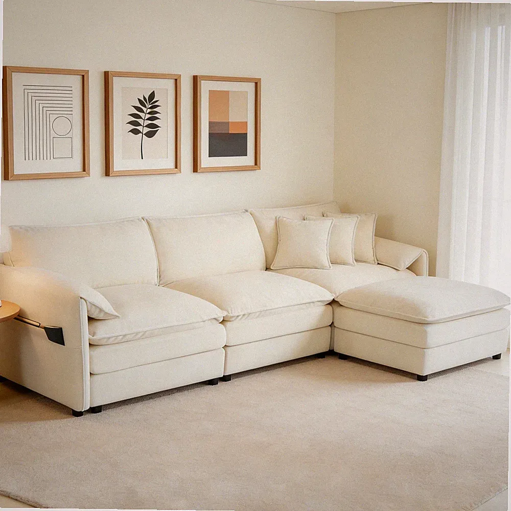 Modular Sectional Sofa, L Shaped Couch w/ Ottoman, Chenille Fabric, Beige