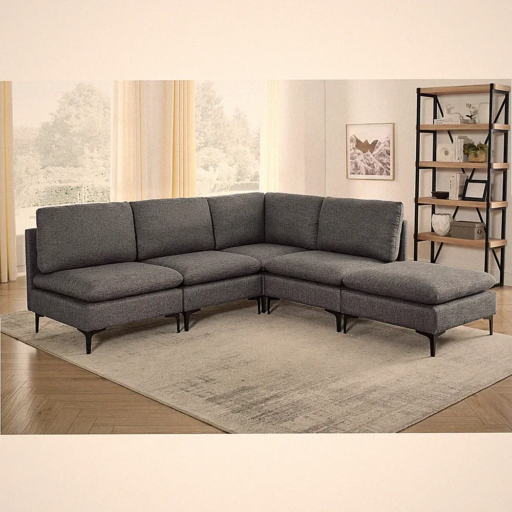 Modular Sectional Sofa, Linen Upholstery, 5-Seat, Dark Gray, 91" L x 91" W