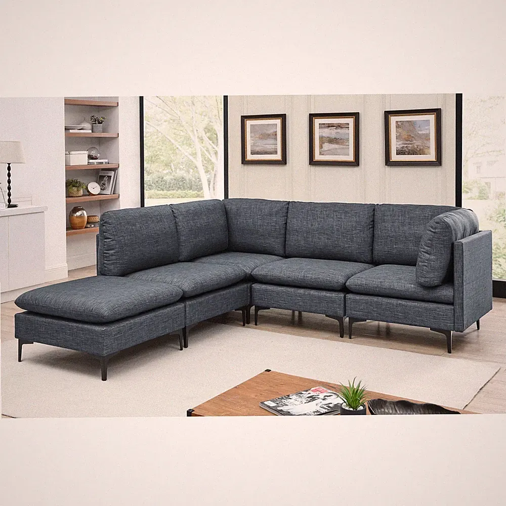 Modular Sectional Sofa, Linen Upholstery, Dark Blue, 93.5" L, 5-Seat