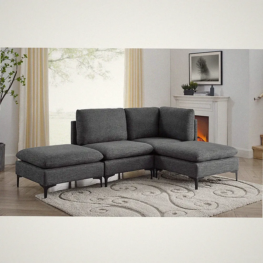 Modular Sectional Sofa, Linen Upholstery, Dark Gray, 91" L, Black Metal Legs