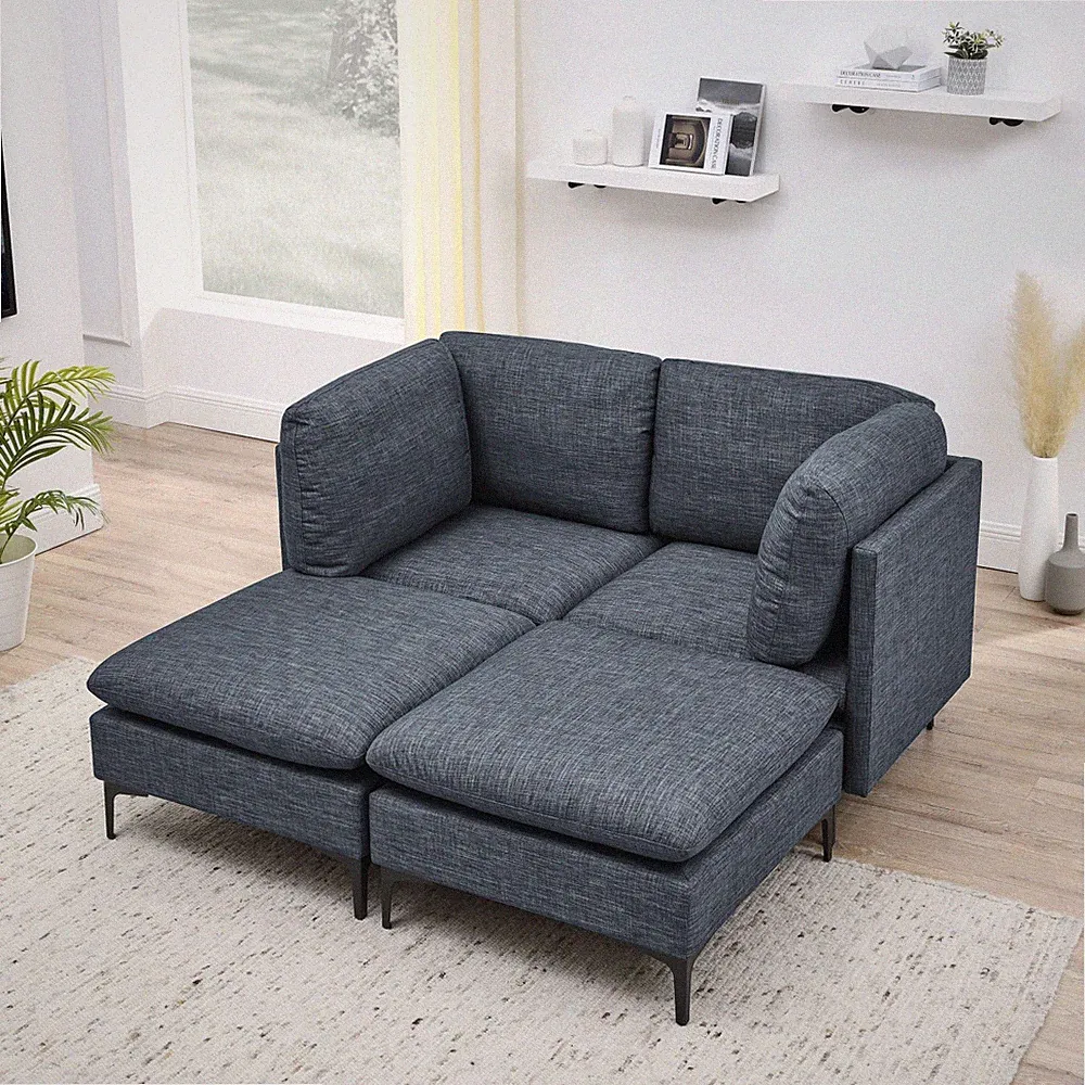 Modular Sectional Sofa, Linen Upholstery, Dark Gray, Metal Legs, 64"L