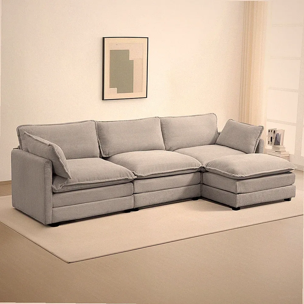 Modular Sectional Sofa Ottoman 112" 4-Seat Corduroy L Shaped Couch Light Grey