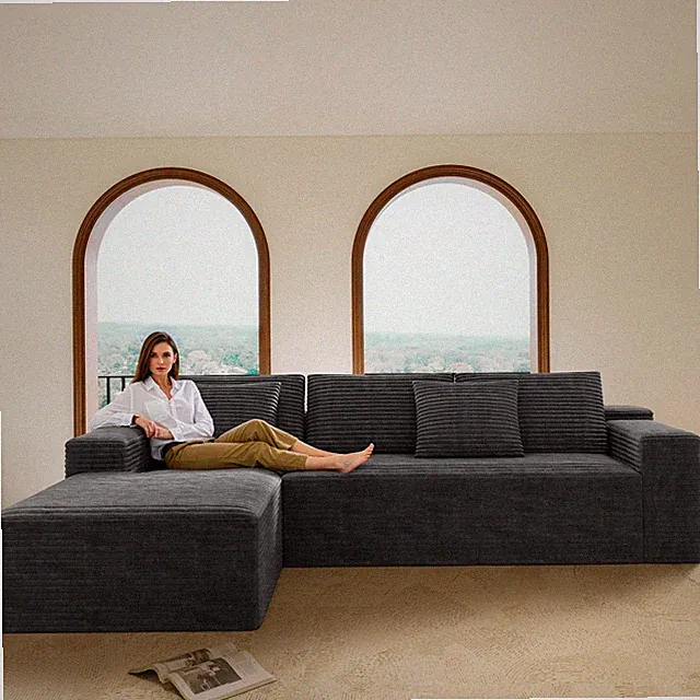Modular Sectional Sofa Plush Corduroy Fabric Chaise Lounge Grey