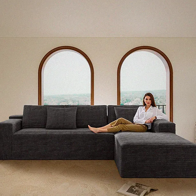 Modular Sectional Sofa Plush Corduroy Fabric Grey No Assembly