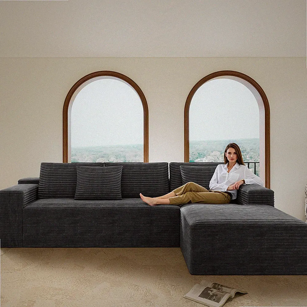 Modular Sectional Sofa Plush Corduroy Fabric Grey No Assembly Required