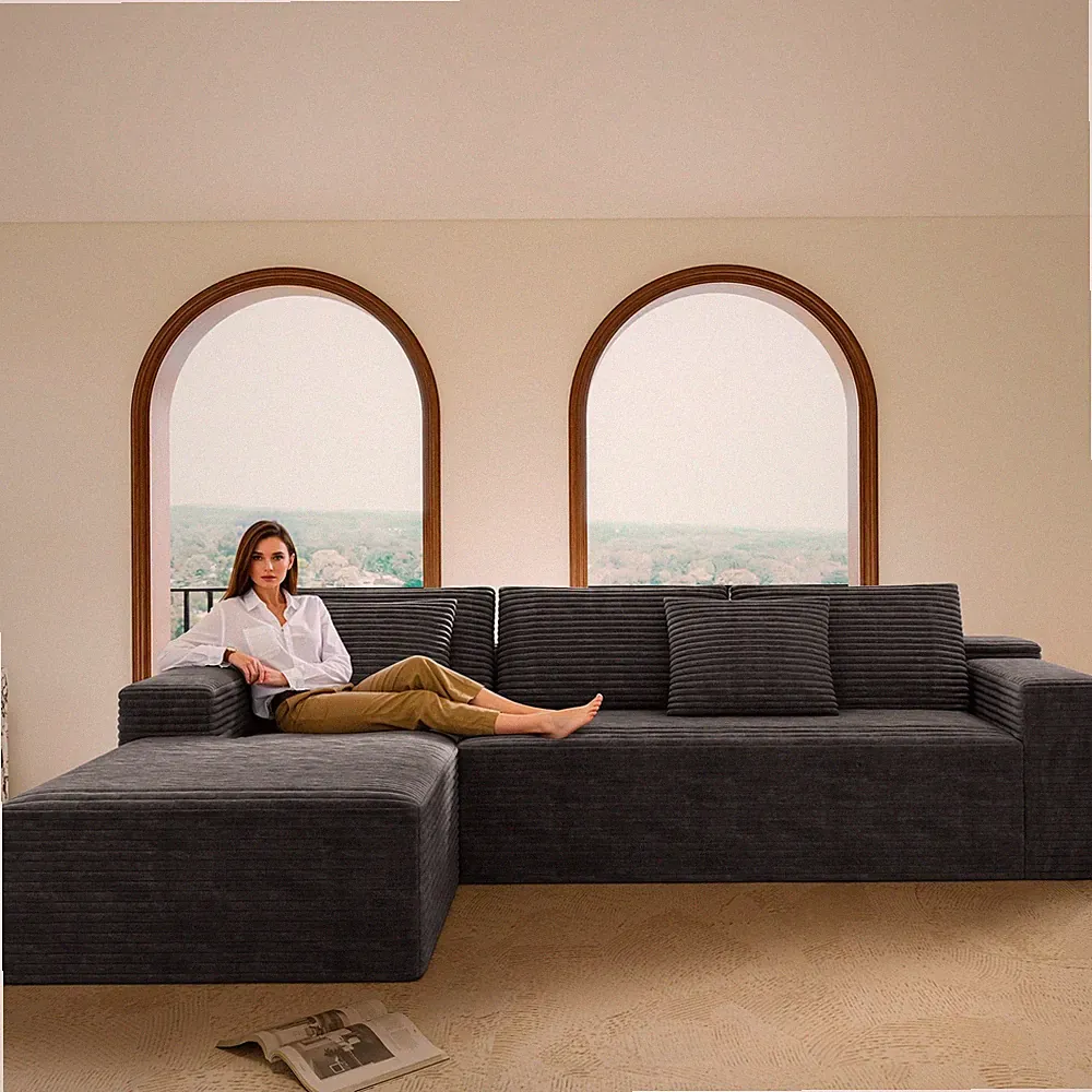 Modular Sectional Sofa Plush Corduroy Fabric Grey No Assembly Required