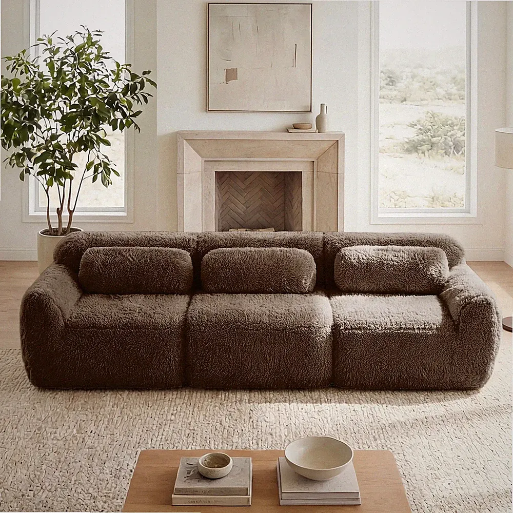 Modular Sectional Sofa Plush Fabric with Throw Pillows Chocolate
