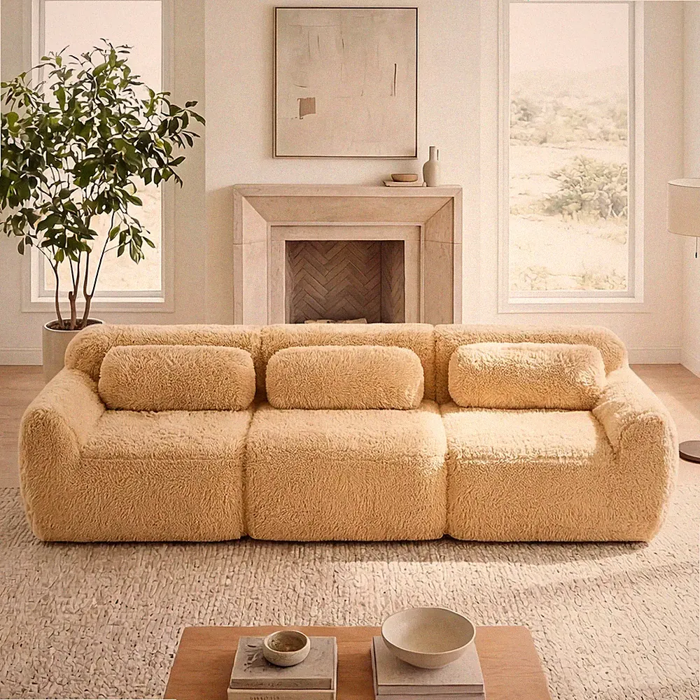 Modular Sectional Sofa Plush Fabric with Throw Pillows Light Khaki