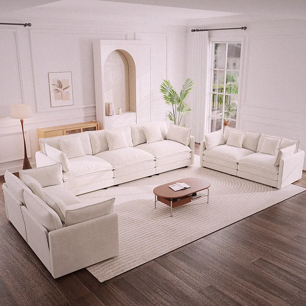 Modular Sectional Sofa Set, 7 Seater Chenille w/ 2 Loveseats & Couch, White
