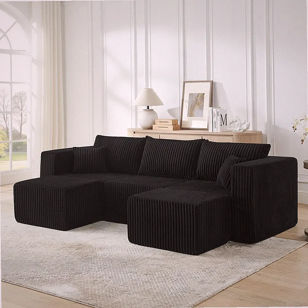 Modular Sectional Sofa Set, Minimalist 3-Seat, Black Corduroy