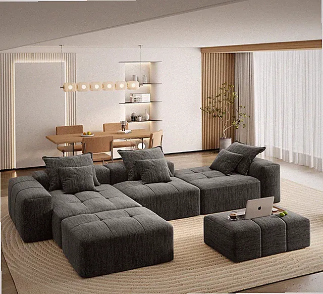 Modular Sectional Sofa Sparkling Chenille Fabric Soft Cushion Sofa with 6Pillows