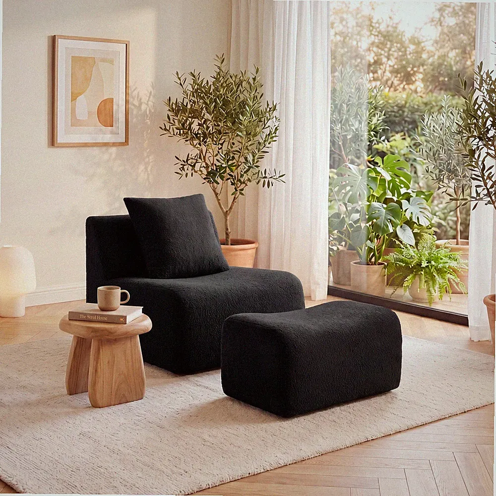 Modular Sectional Sofa Teddy Fabric Boneless No Assembly Black