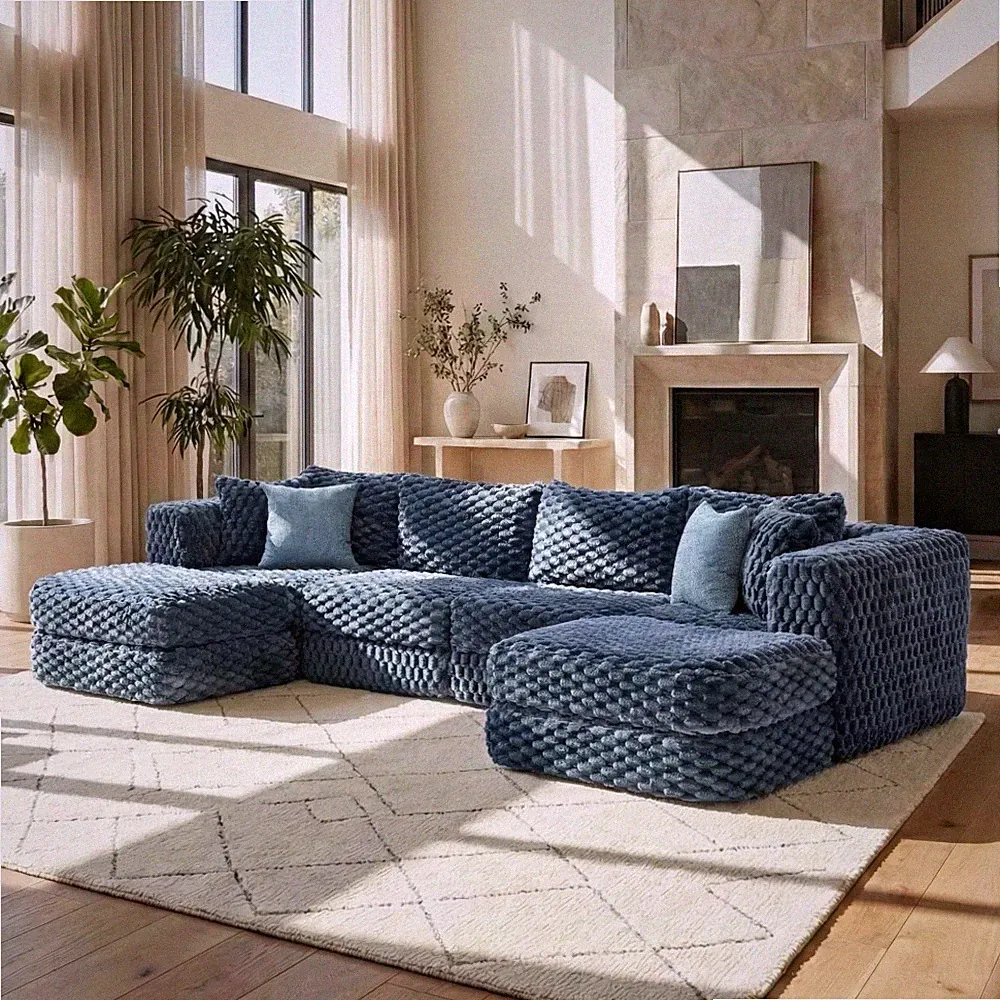 Modular Sectional Sofa w/ 2 Ottomans, Blue Velvet, American Design, Foam Fill