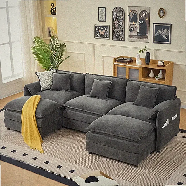 Modular Sectional Sofa w/ 2 Ottomans, U Shape, Chaise, Chenille Grey, Modern