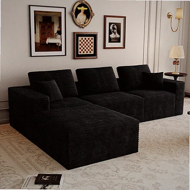 Modular Sectional Sofa w/ Chaise Corduroy Plush Fabric No Assembly 4-PC BLACK