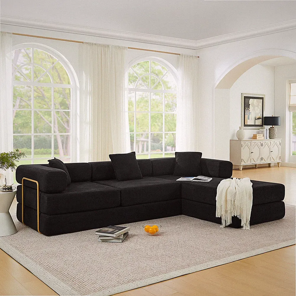 Modular Sectional Sofa w/ Chaise & Fold-Out Bed, Corduroy Cover, No Assembly
