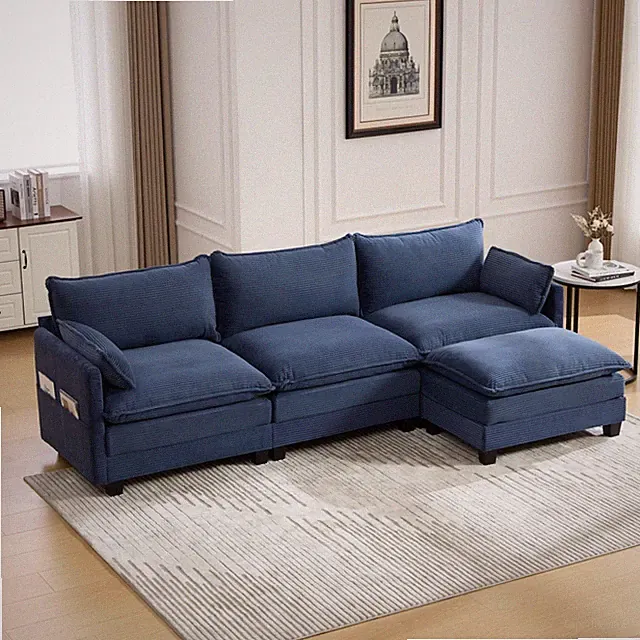 Modular Sectional Sofa w/ Ottoman - 4 Seat L-Shaped Corduroy Couch