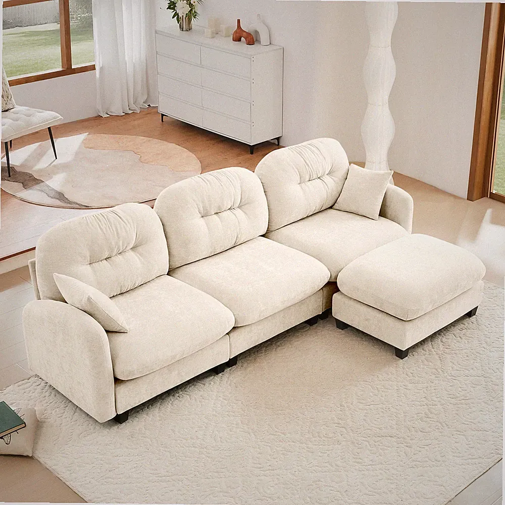 Modular Sectional Sofa w/ Ottoman, Chenille Fabric, Tufted Back, 3-Seat, Beige